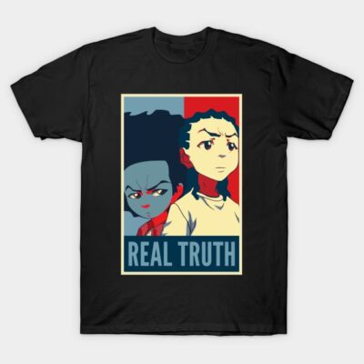 Black graphic T-shirt with bold "Real Truth" text and colorful illustrated design. Casual wear, cotton material.