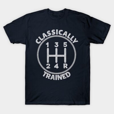 Navy blue t-shirt with "Classically Trained" gear shift graphic design, perfect for car enthusiasts and casual wear.