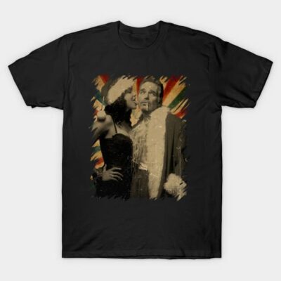 Black graphic t-shirt with vintage holiday design, featuring festive colors and retro style, ideal for casual wear.