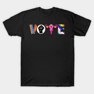 Black T-shirt with colorful "VOTE" graphic design, cotton material, casual wear for all genders.
