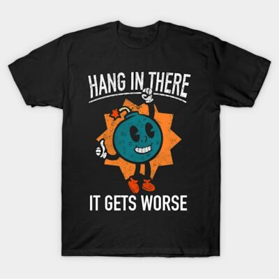 Black cotton t-shirt with retro-style blue and orange graphic and motivational text, casual wear.