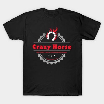 Black Crazy Horse band t-shirt, short sleeve, cotton, featuring red and gray graphic design for casual wear.