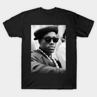 Black cotton t-shirt featuring a stylish monochrome artistic print, casual wear, unisex design.