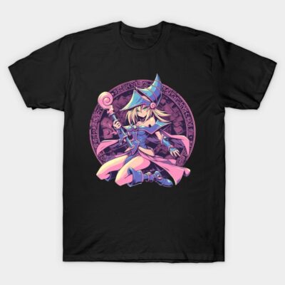 Black T-shirt with colorful fantasy character design, featuring intricate details and vibrant hues, ideal for casual wear.