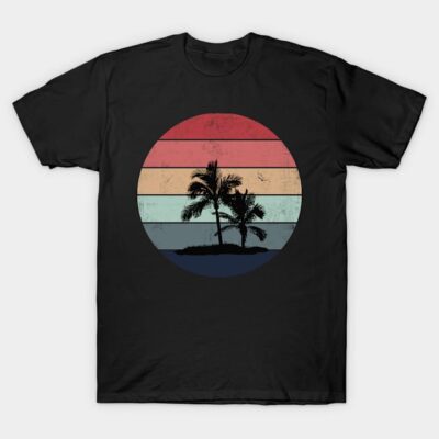 Black t-shirt with retro sunset and palm tree graphic, casual style, cotton fabric, perfect for summer wear.