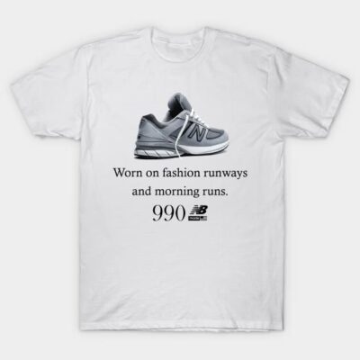 White t-shirt featuring gray sneaker graphic with text, suitable for casual wear, made from soft cotton material.