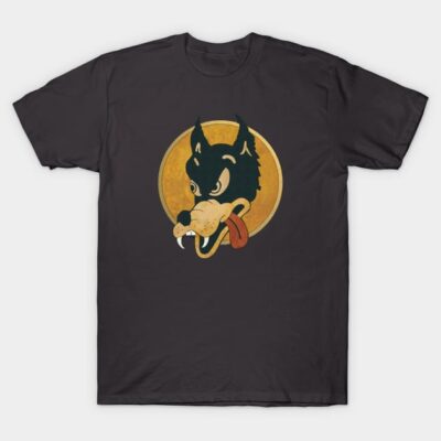 Black cotton t-shirt with vintage wolf graphic, ideal for casual wear. Comfortable and stylish unisex design.
