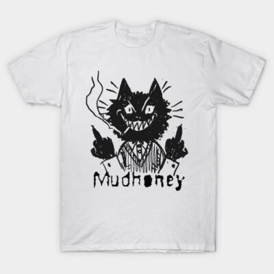 White graphic t-shirt with black cat design and "Mudhoney" text, casual wear, 100% cotton, unisex.