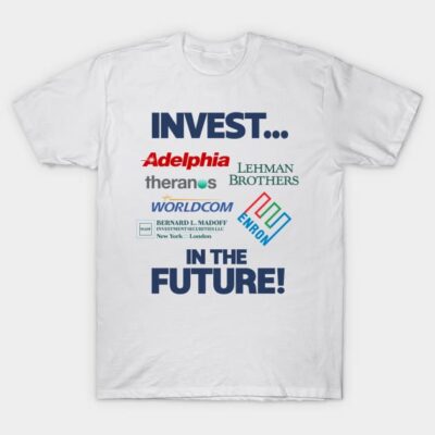 White cotton t-shirt with humorous investment logos and text design, ideal for casual wear.