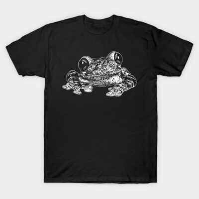 Black t-shirt with white frog illustration, casual style, 100% cotton, unisex design for everyday wear.