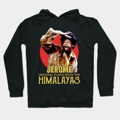 Black hoodie with retro graphic design, featuring bold text and colorful artwork. Casual wear, cotton blend material.