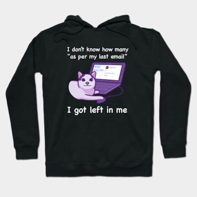 Black hoodie with humorous text and cartoon graphic, featuring a cat on a laptop. Casual wear, cotton material.