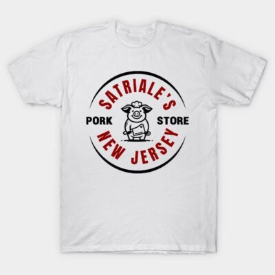 White t-shirt with "Satriale's Pork Store New Jersey" graphic, casual style, cotton material, unisex design.