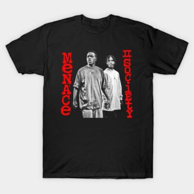 "Black Menace II Society graphic T-shirt, red text, casual streetwear, cotton material for everyday style."