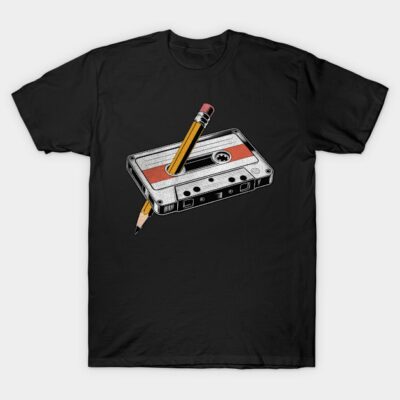 Black t-shirt featuring a retro cassette tape and pencil design, perfect for music enthusiasts and vintage style lovers.