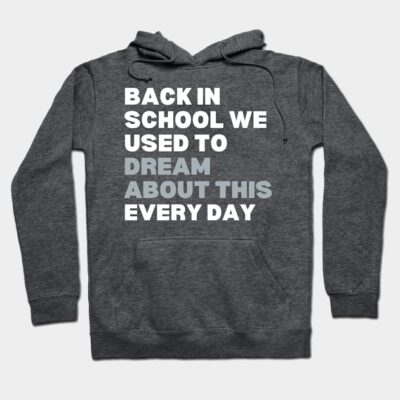 Charcoal gray hoodie with bold white and gray text, cozy cotton material, ideal for casual wear and style comfort.