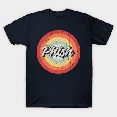 Navy blue t-shirt with vintage rainbow circle design and bold text, perfect for casual wear. Cotton material.