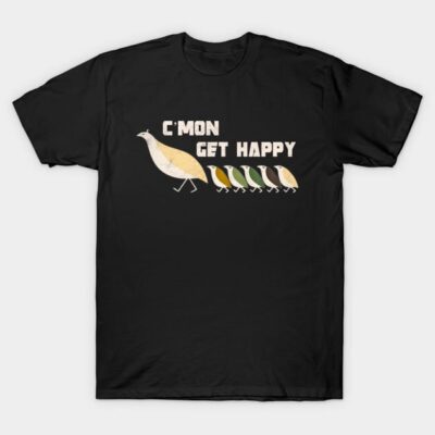 Black t-shirt with "C'mon Get Happy" slogan and bird graphic, casual wear, cotton material.