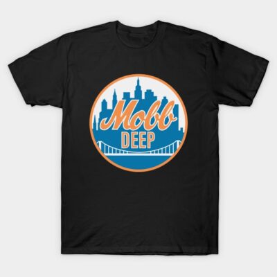 Black graphic t-shirt with "Mobb Deep" logo, city skyline and bridge design. Casual cotton tee for everyday wear.