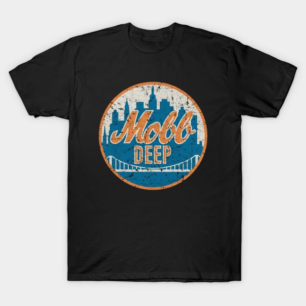 Mobb Deep Queens New York Vintage T-Shirt 1 Black graphic t-shirt with vintage cityscape design, featuring bold text. Casual wear, soft cotton material.