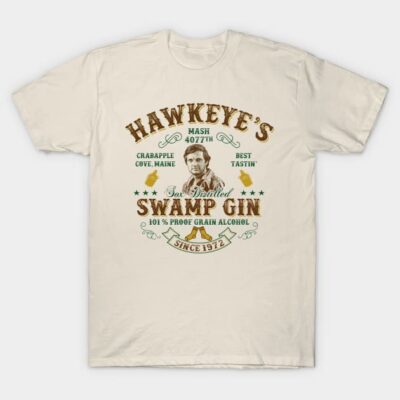 Beige novelty t-shirt with vintage "Swamp Gin" print, ideal for casual wear, 100% cotton, unisex.