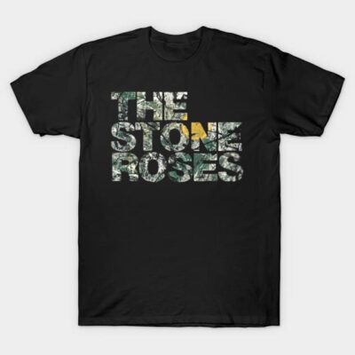 Black graphic T-shirt featuring "The Stone Roses" text design, casual style, perfect for music fans, 100% cotton.