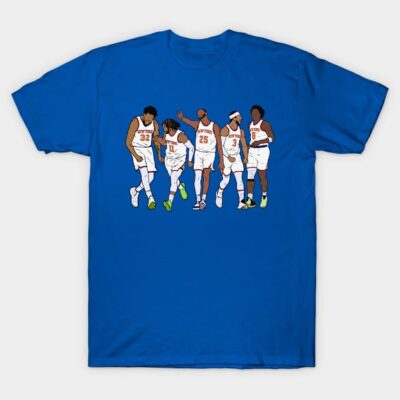 Blue graphic T-shirt featuring illustrated basketball players, casual style, made of 100% cotton, unisex design.