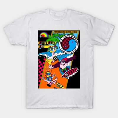 White graphic t-shirt featuring colorful retro video game design with surf and skate theme, cotton material.