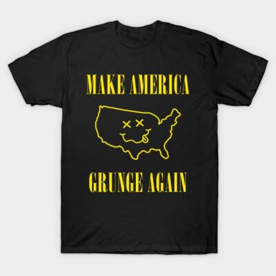 Black grunge style t-shirt with yellow "Make America Grunge Again" graphic and playful map design.