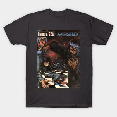 Black graphic t-shirt featuring comic-style design, perfect for casual wear and fans of unique, artistic prints.