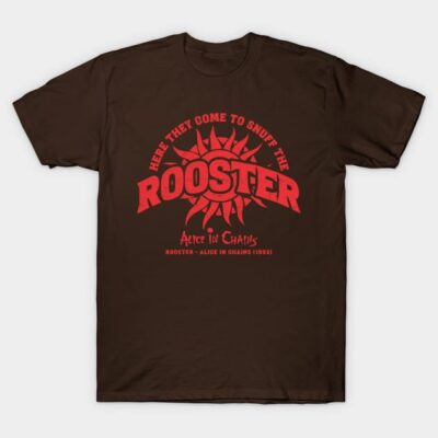 Brown graphic t-shirt with red "Rooster" print, 100% cotton, casual wear, perfect for music fans.