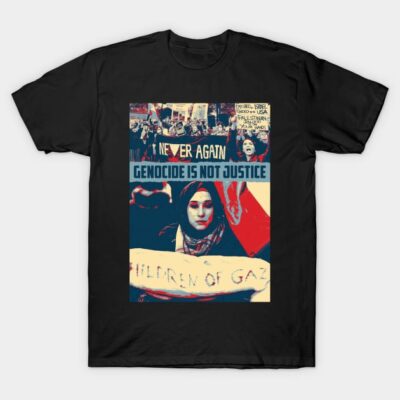 Black T-shirt with protest graphic, bold text design, casual unisex style, cotton material, statement apparel.
