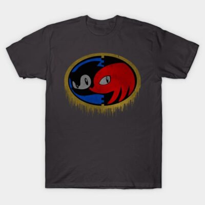 Charcoal graphic tee with blue and red emblem, casual style, cotton material, ideal for everyday wear.