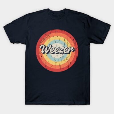 "Black t-shirt with retro rainbow circle design and text, casual wear, soft cotton material."