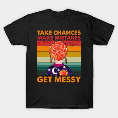 Black t-shirt with colorful retro design, featuring motivational text and artistic illustration for casual wear.