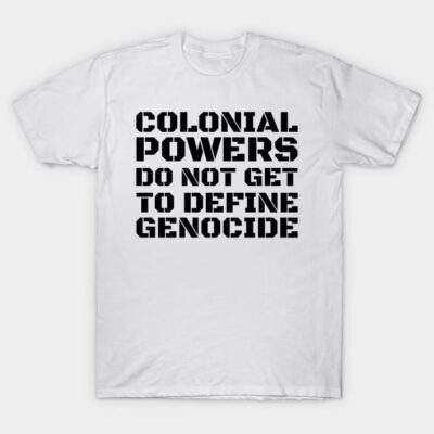 White t-shirt with bold black text design, casual wear, 100% cotton, unisex, statement apparel for everyday use.