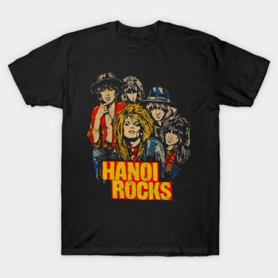 Black graphic t-shirt featuring a colorful retro band design with "Hanoi Rocks" text, ideal for music lovers.