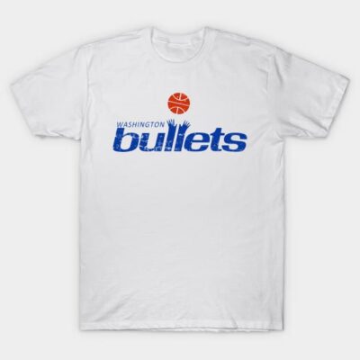 White cotton t-shirt with blue "Washington Bullets" text and red basketball graphic, casual sportswear.