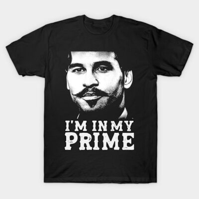 Black graphic t-shirt with "I'm in my Prime" text, featuring a bold monochrome face design.