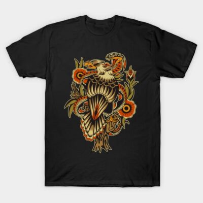 Black t-shirt with vintage eagle and floral design, vibrant orange and gold colors, casual wear, 100% cotton.