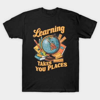 Black t-shirt with "Learning Takes You Places" design featuring a globe and books, ideal for educational enthusiasts.