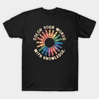 Black T-shirt with colorful crayon design and "Color Your World with Knowledge" text, casual style, cotton material.