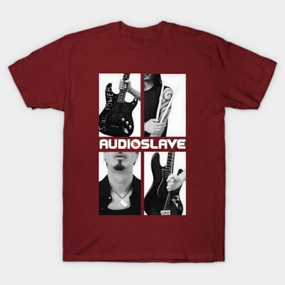 Burgundy Audioslave graphic t-shirt, featuring guitar and tattoo design, casual cotton blend for music fans.