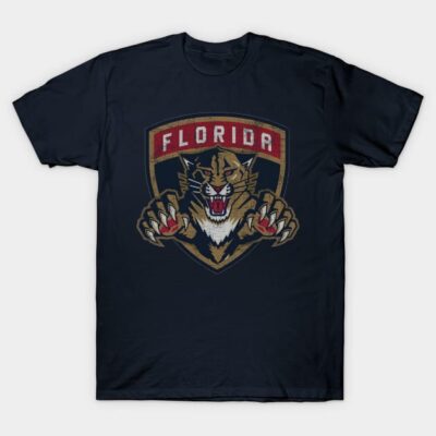 Navy blue t-shirt with Florida-themed graphic, featuring a fierce panther design, casual wear, cotton material.