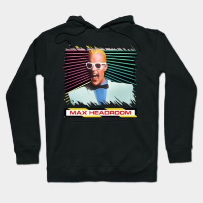 Black graphic hoodie with colorful retro design and text "Max Headroom", casual wear, cotton blend material.
