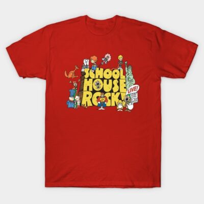Red Schoolhouse Rock graphic t-shirt, colorful cartoon design, casual style, 100% cotton, unisex.