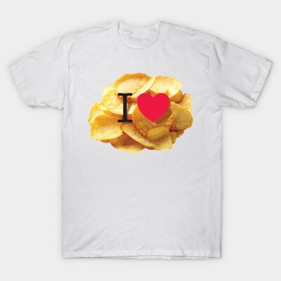 White T-shirt with "I love chips" graphic, casual style, unisex cotton fabric, perfect for snack enthusiasts.