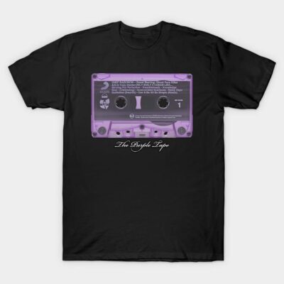 Black t-shirt with purple cassette tape graphic, retro music theme, soft cotton material.