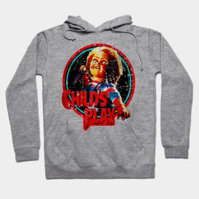 Gray "Child's Play" graphic hoodie, casual style, cotton blend, perfect for horror movie fans.