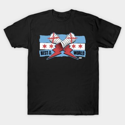 Black graphic t-shirt with Chicago flag and lightning design, "Best in the World" text, casual cotton apparel.